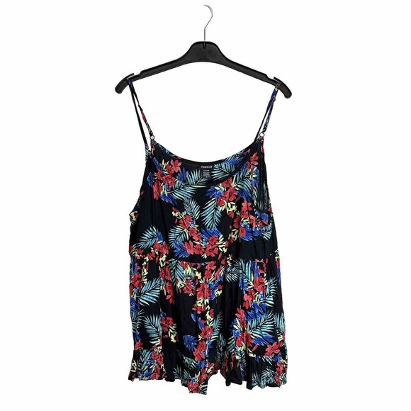 Torrid Top Womens 2X Red Tropical Black Floral Sleeveless‎ Peplum Tier Spaghetti - Picture 1 of 6